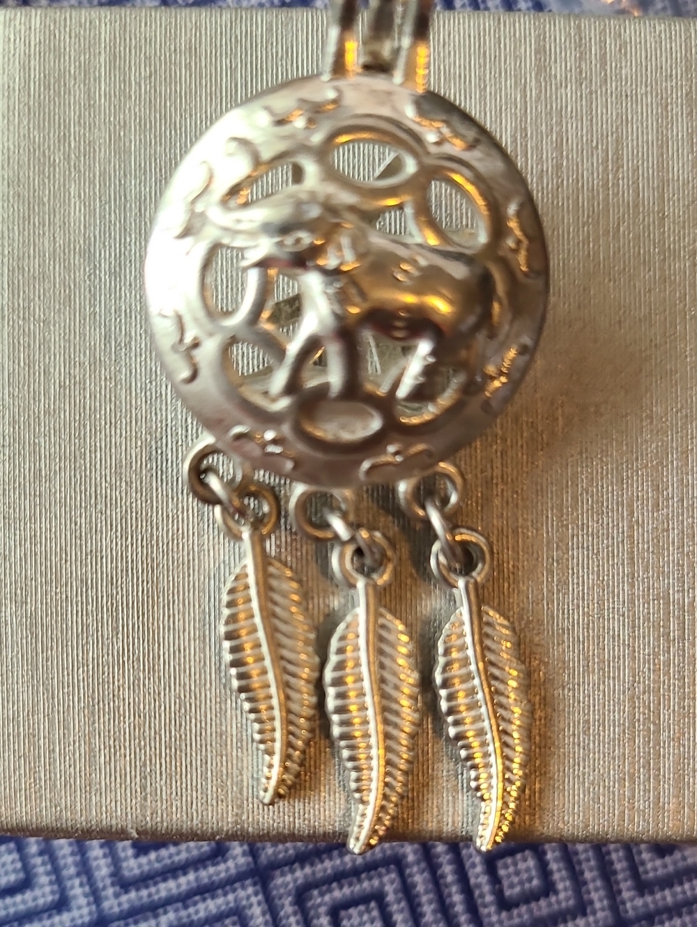 Silver Dreamcatcher Pendant with Elephant and Feather Charms
